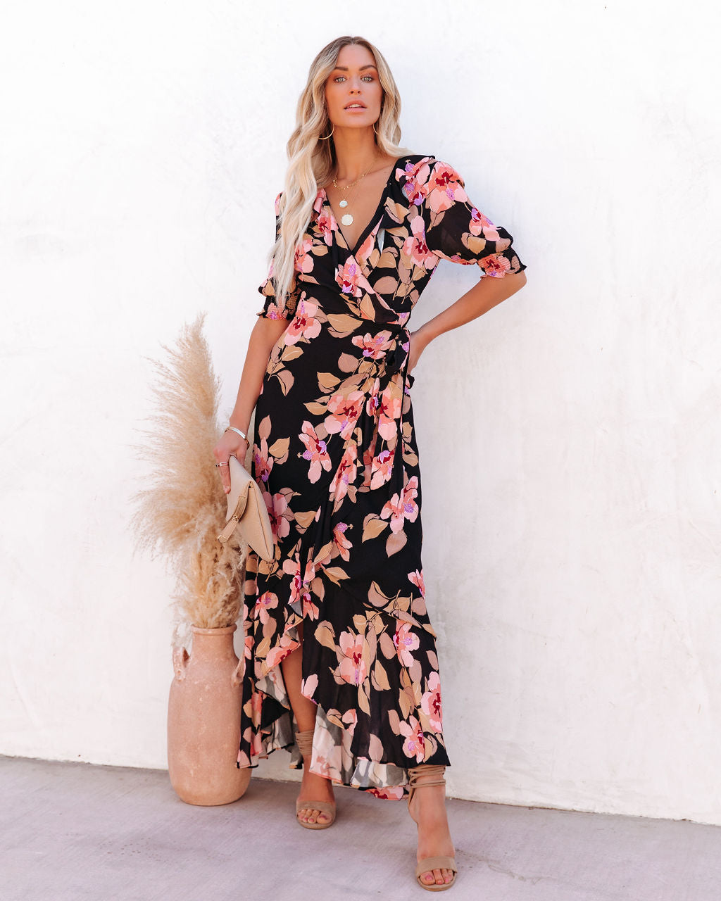 Floral Print V-Neck Puff Sleeve Ruffle Wrap Maxi Dress