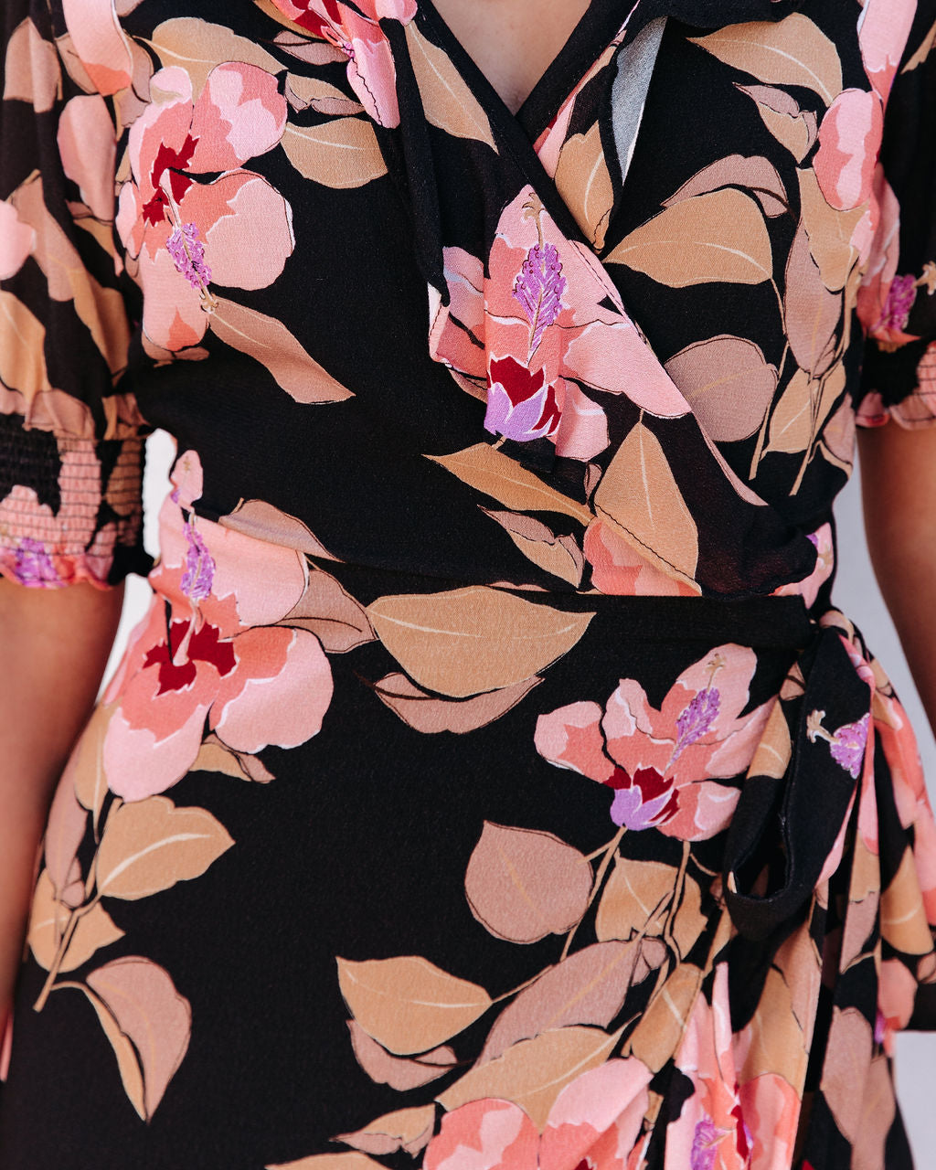 Floral Print V-Neck Puff Sleeve Ruffle Wrap Maxi Dress