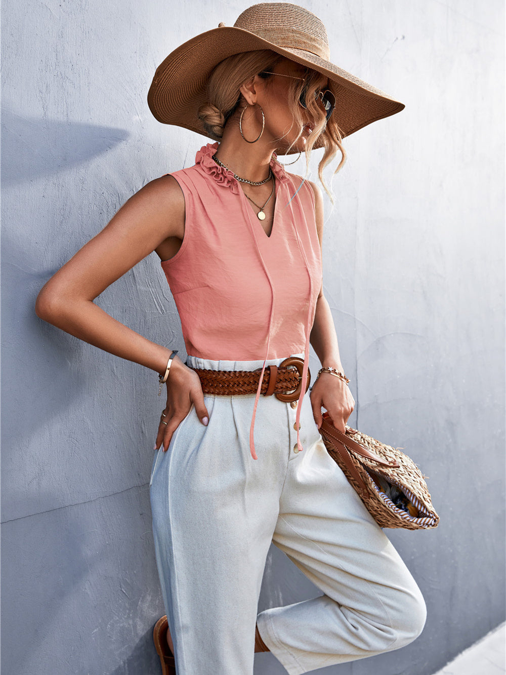 Casual Ruffle V-Neck Tie Sleeveless T-Shirt Top