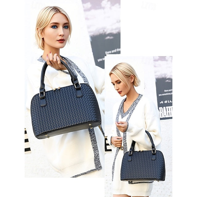 Handbag Set Brown Leather Woven 3-Piece Faux