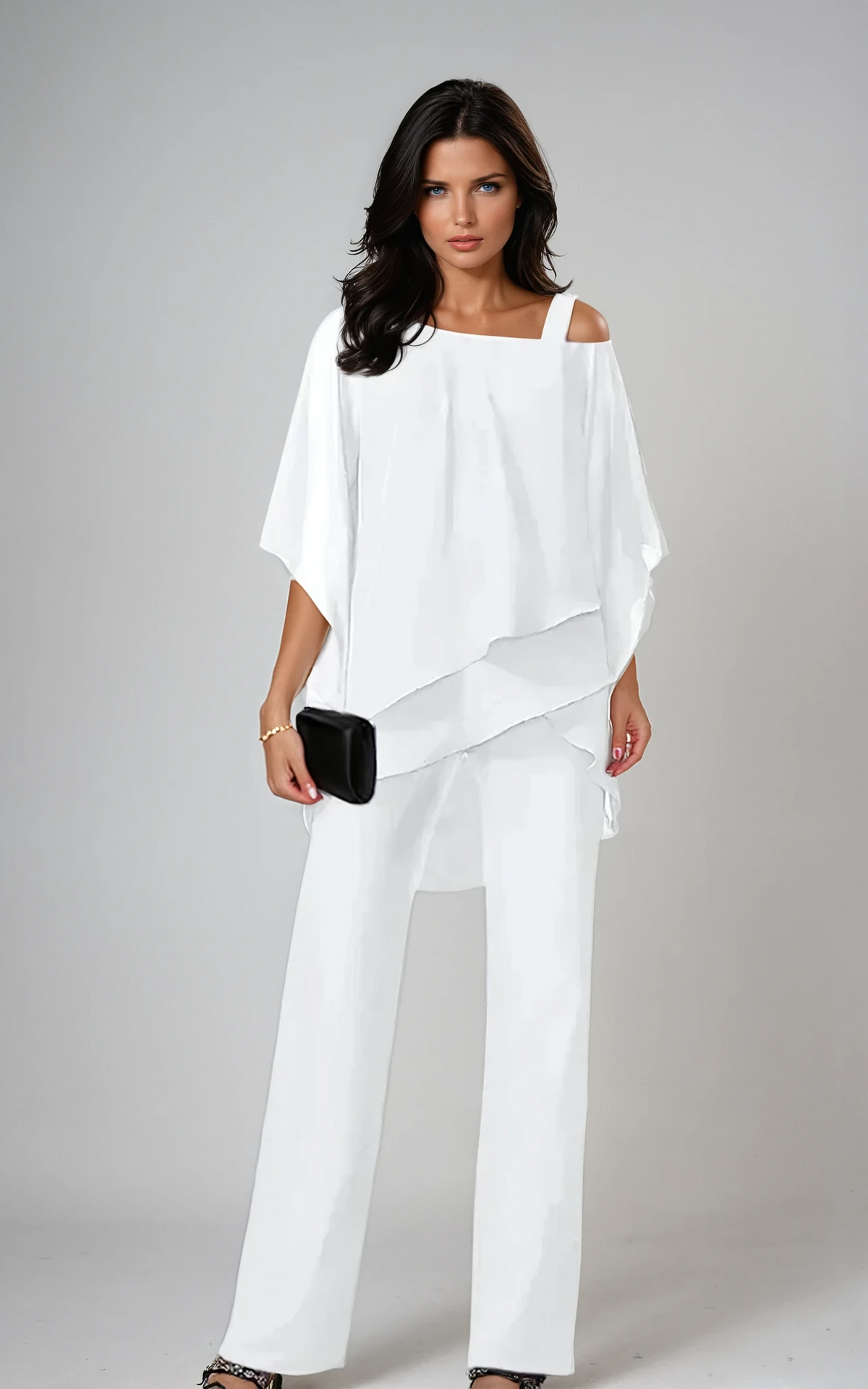 Off Shoulder Chiffon Overlay Top and Pants Two Piece Set