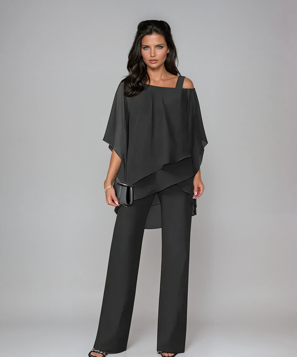 Off Shoulder Chiffon Overlay Top and Pants Two Piece Set 2