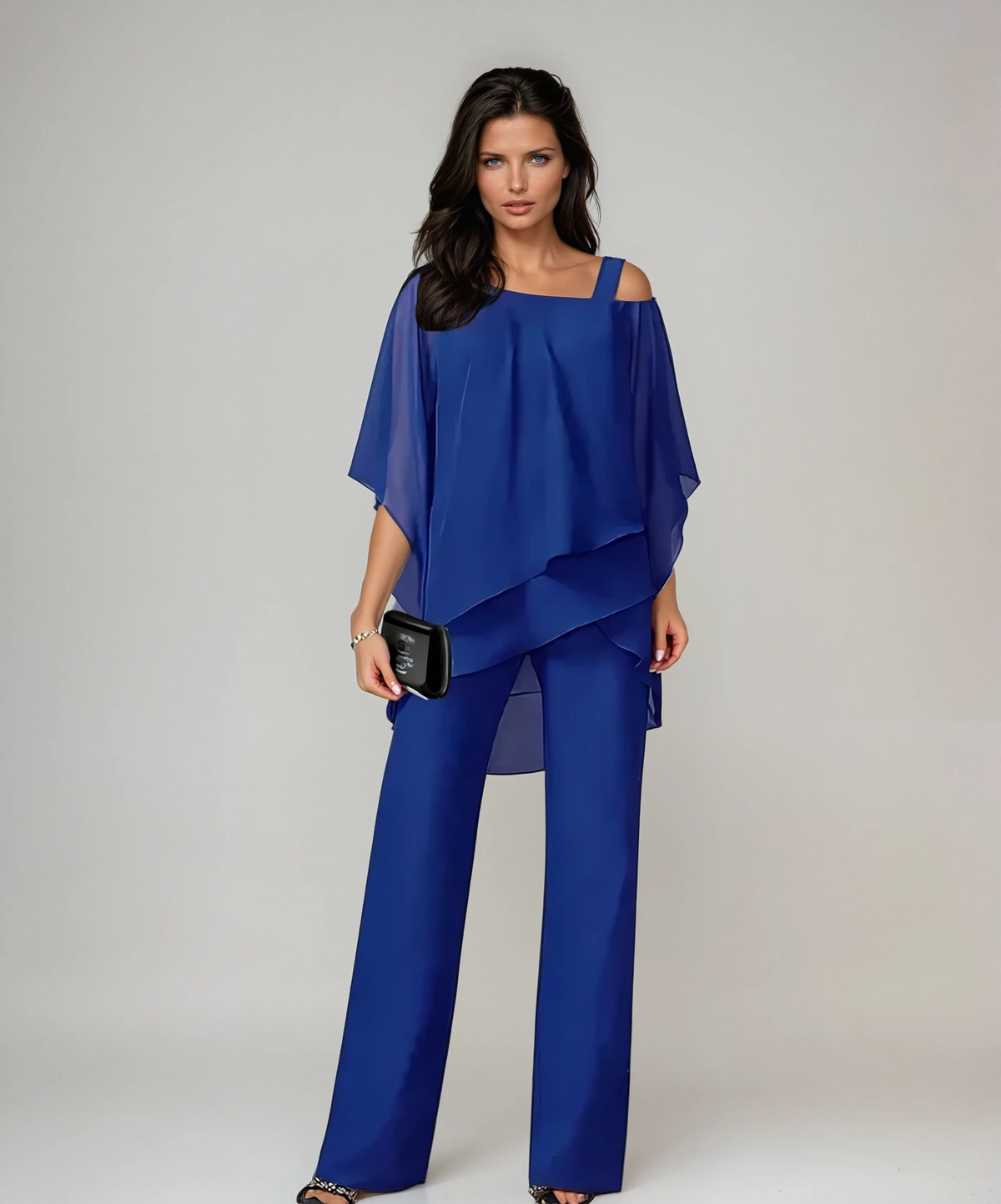 Off Shoulder Chiffon Overlay Top and Pants Two Piece Set 3