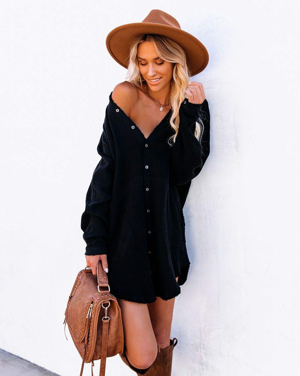 Gauze Button Front V-Neck Long Sleeve Shirt Dress