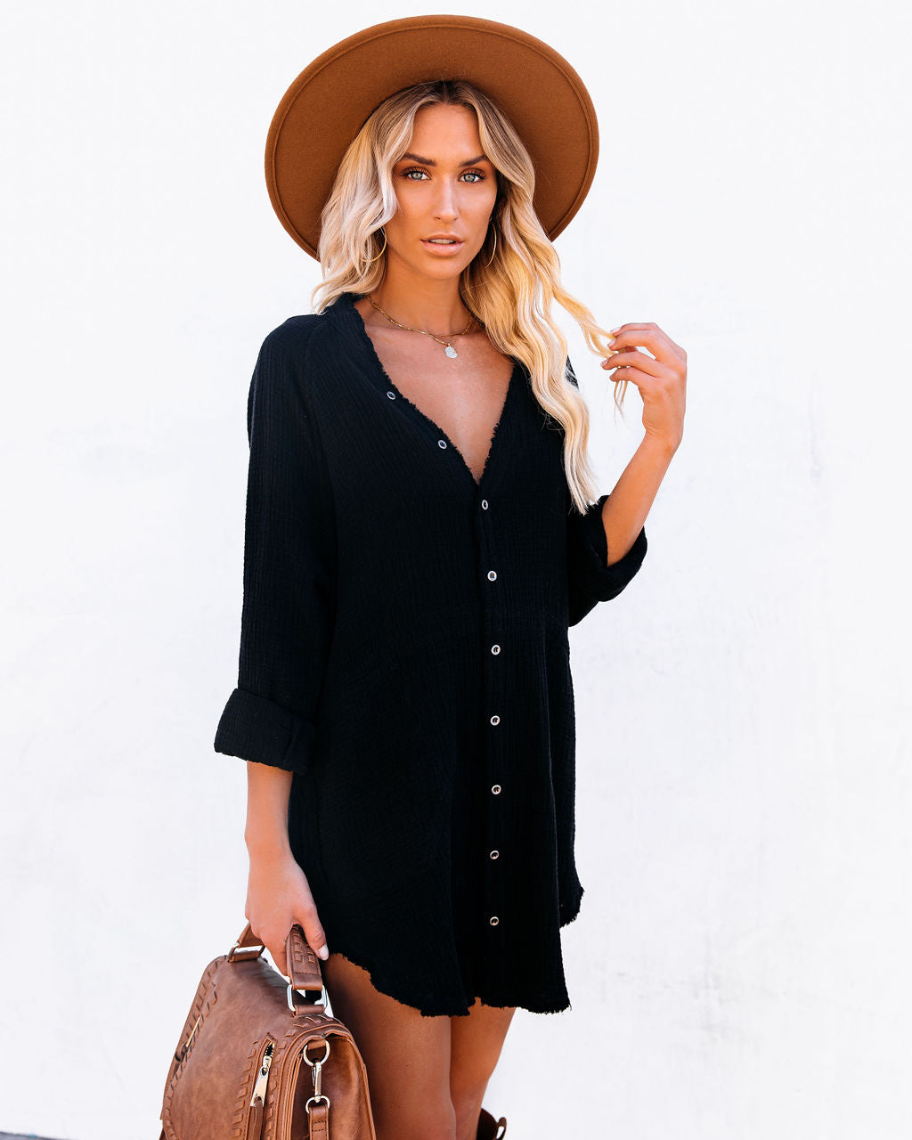 Gauze Button Front V-Neck Long Sleeve Shirt Dress