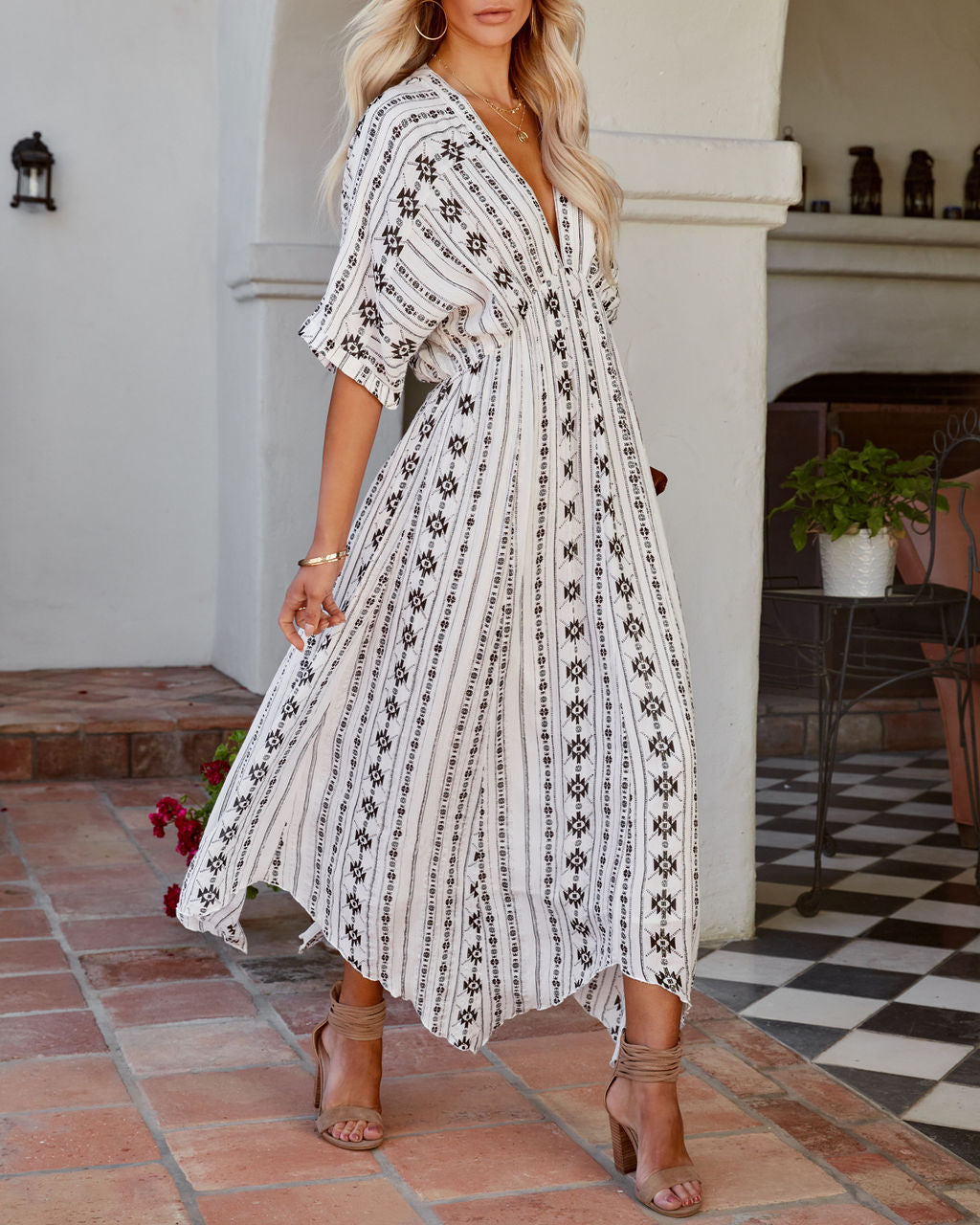 Geometric Print V-Neck Button Front Maxi Dress
