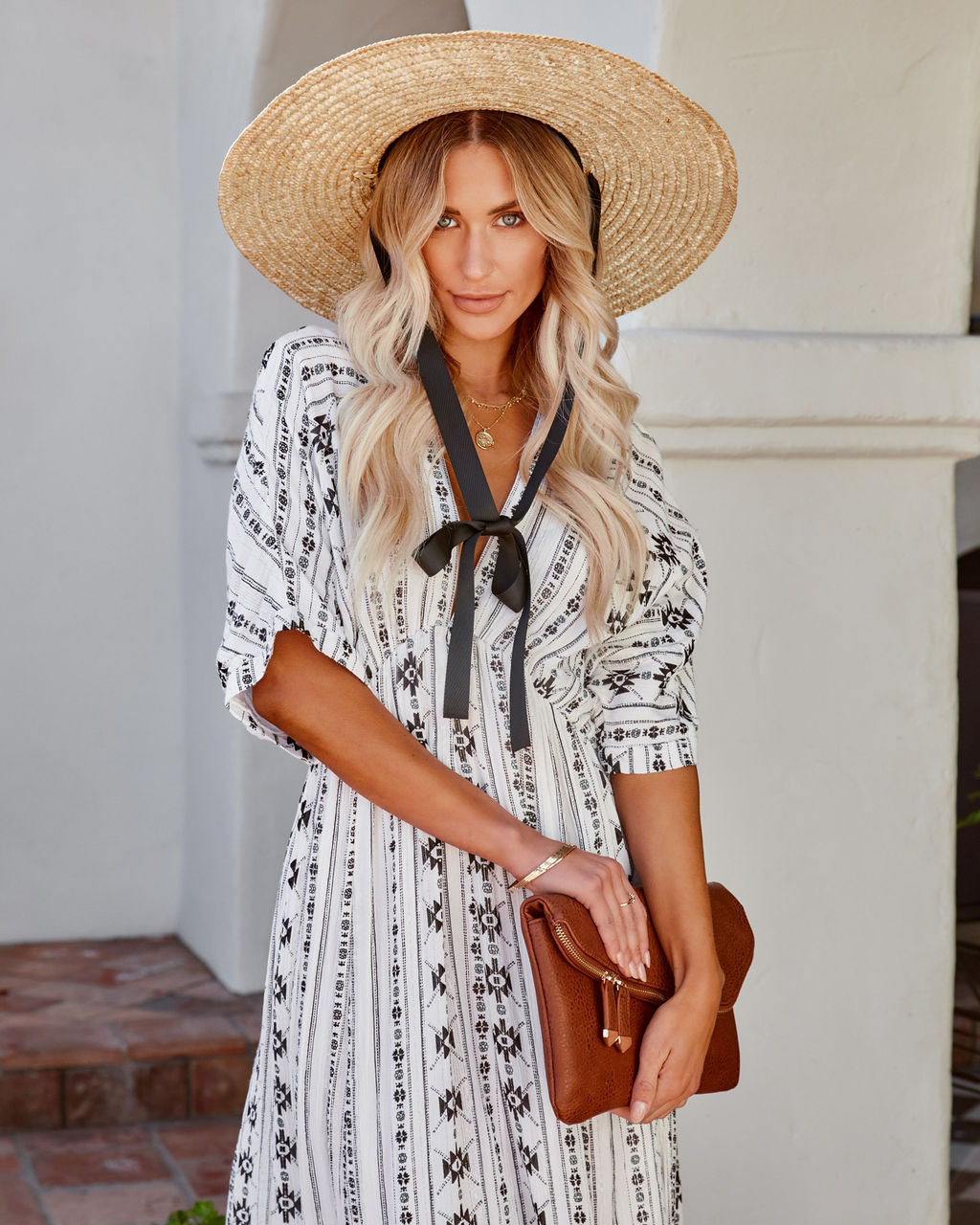 Geometric Print V-Neck Button Front Maxi Dress