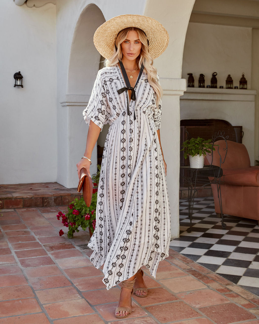Geometric Print V-Neck Button Front Maxi Dress
