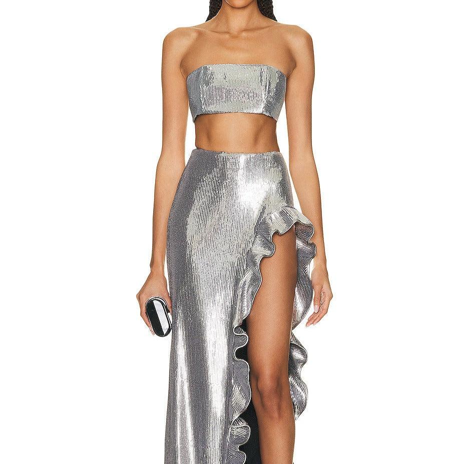 KittenAlarm - Kenzie Tube Top Ruffled Open-side Sequined Skirt Set