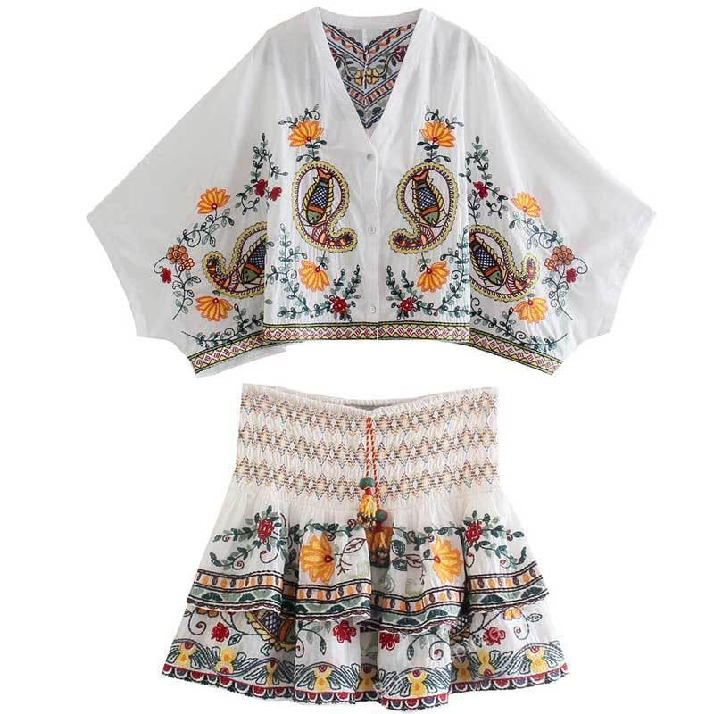 KittenAlarm - Kenzie V Neck Flared Sleeves Top & Boho Print Skirt Set