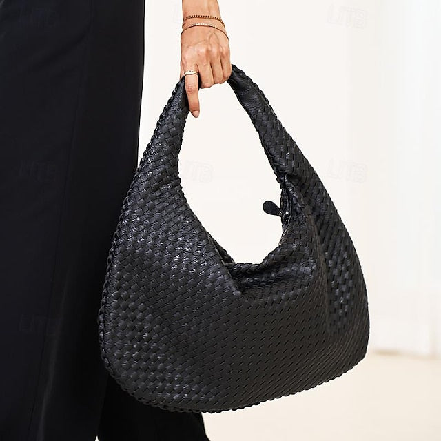 Chic Burgundy Hobo Woven Leather Bag Faux