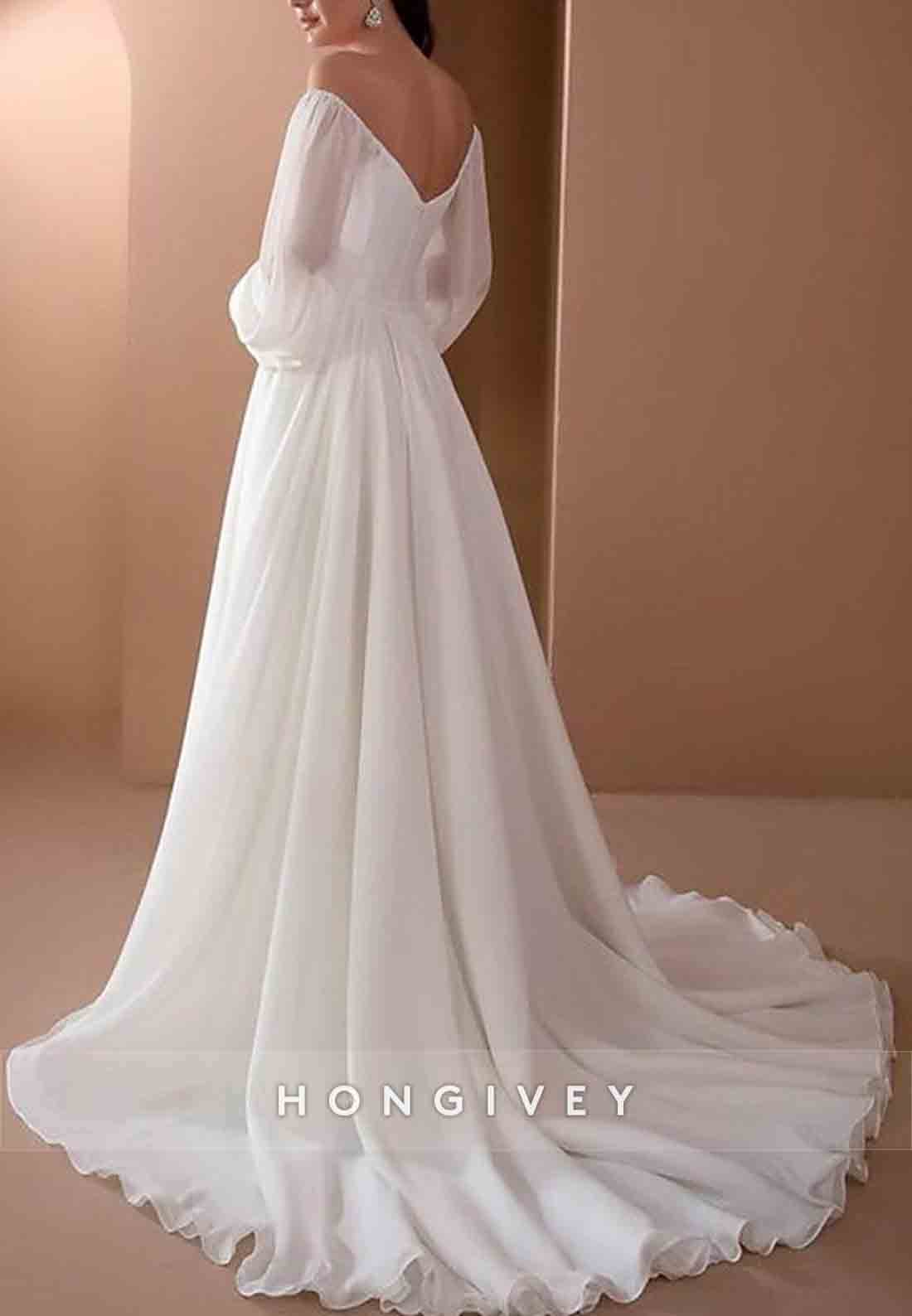 Off the Shoulder V Back A-Line Sweetheart Long Sleeves Court Train Wedding Dresses