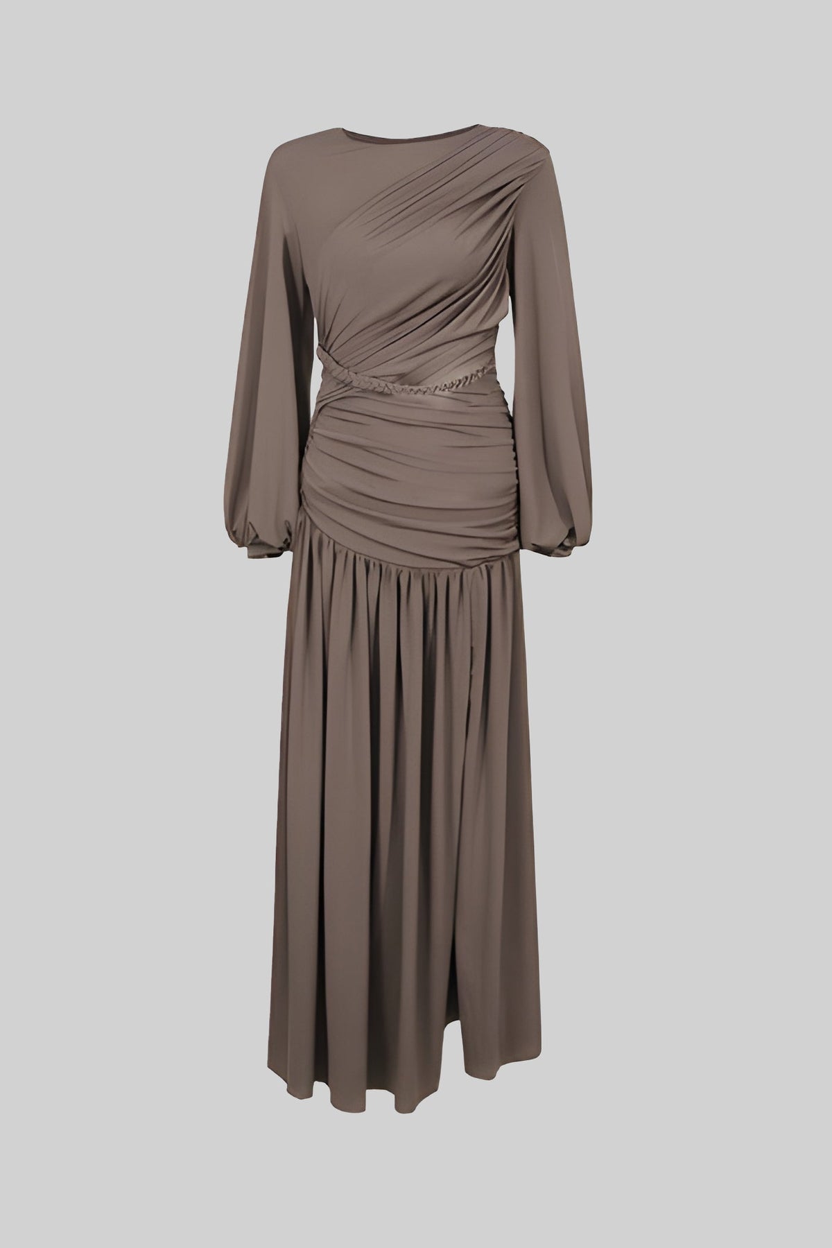 Long Sleeve Round Neck Draped Braided Waist Pleated Maxi Dress - View 2