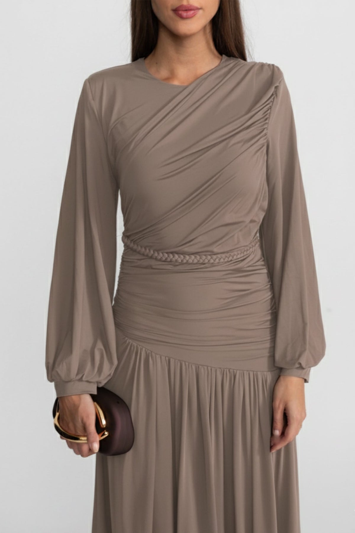 Long Sleeve Round Neck Draped Braided Waist Pleated Maxi Dress - View 3