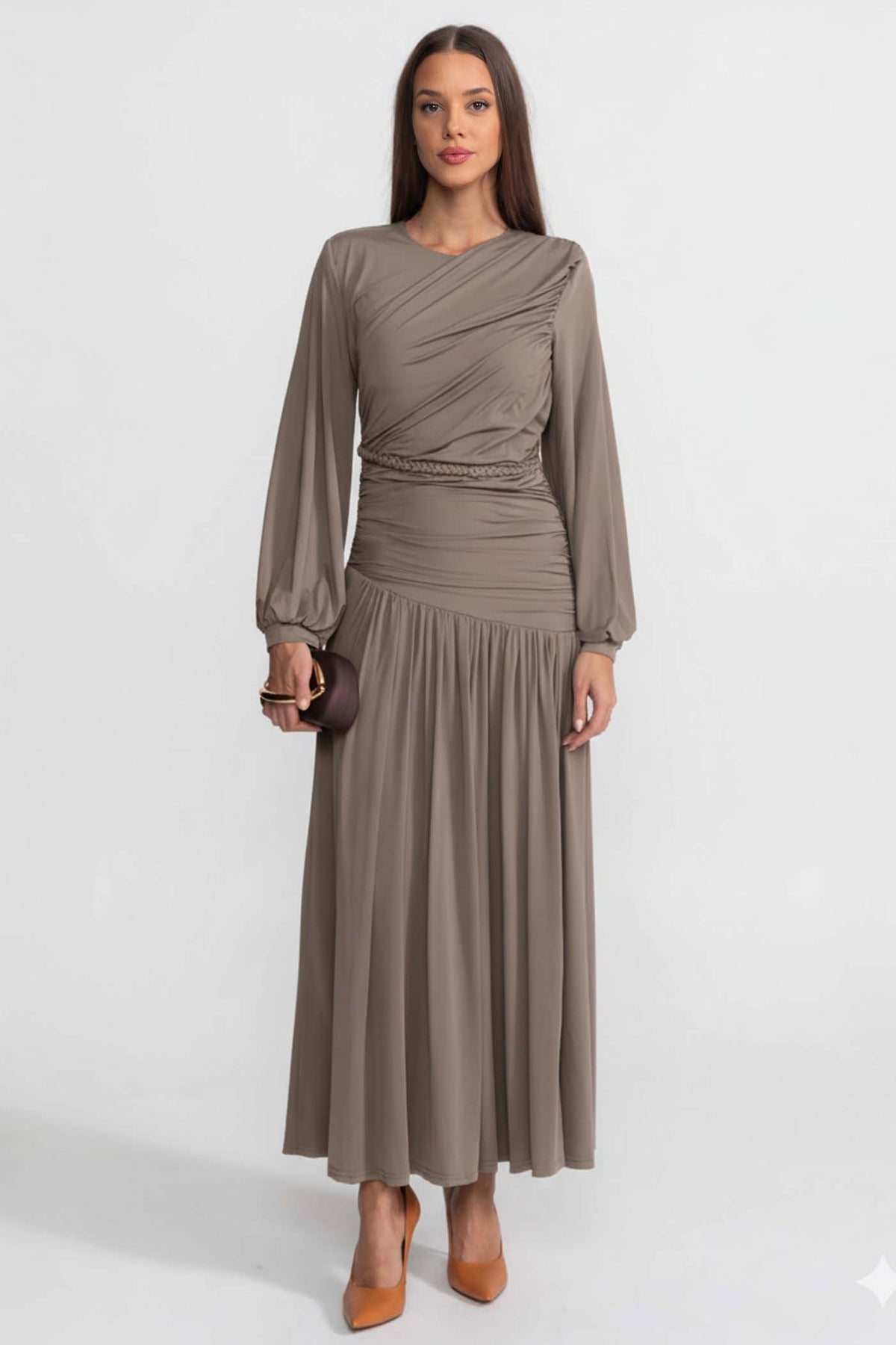 Long Sleeve Round Neck Draped Braided Waist Pleated Maxi Dress