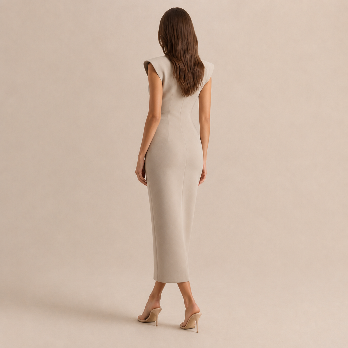 Stand Collar Cap Sleeve Split Neck Bodycon Midi Dress 9
