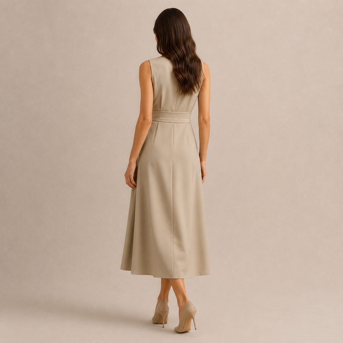 Round Neck Sleeveless Belted Pleated Fit and Flare Midi Dress 12