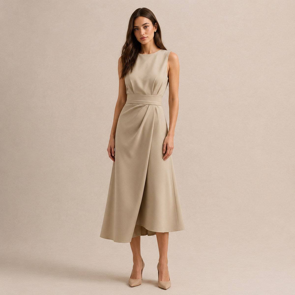 Round Neck Sleeveless Belted Pleated Fit and Flare Midi Dress 10