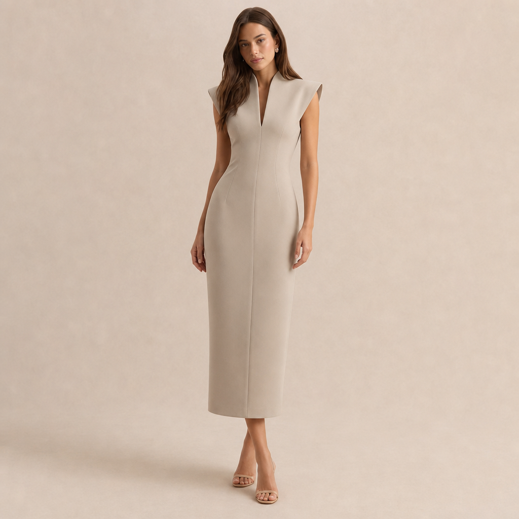 Stand Collar Cap Sleeve Split Neck Bodycon Midi Dress 7