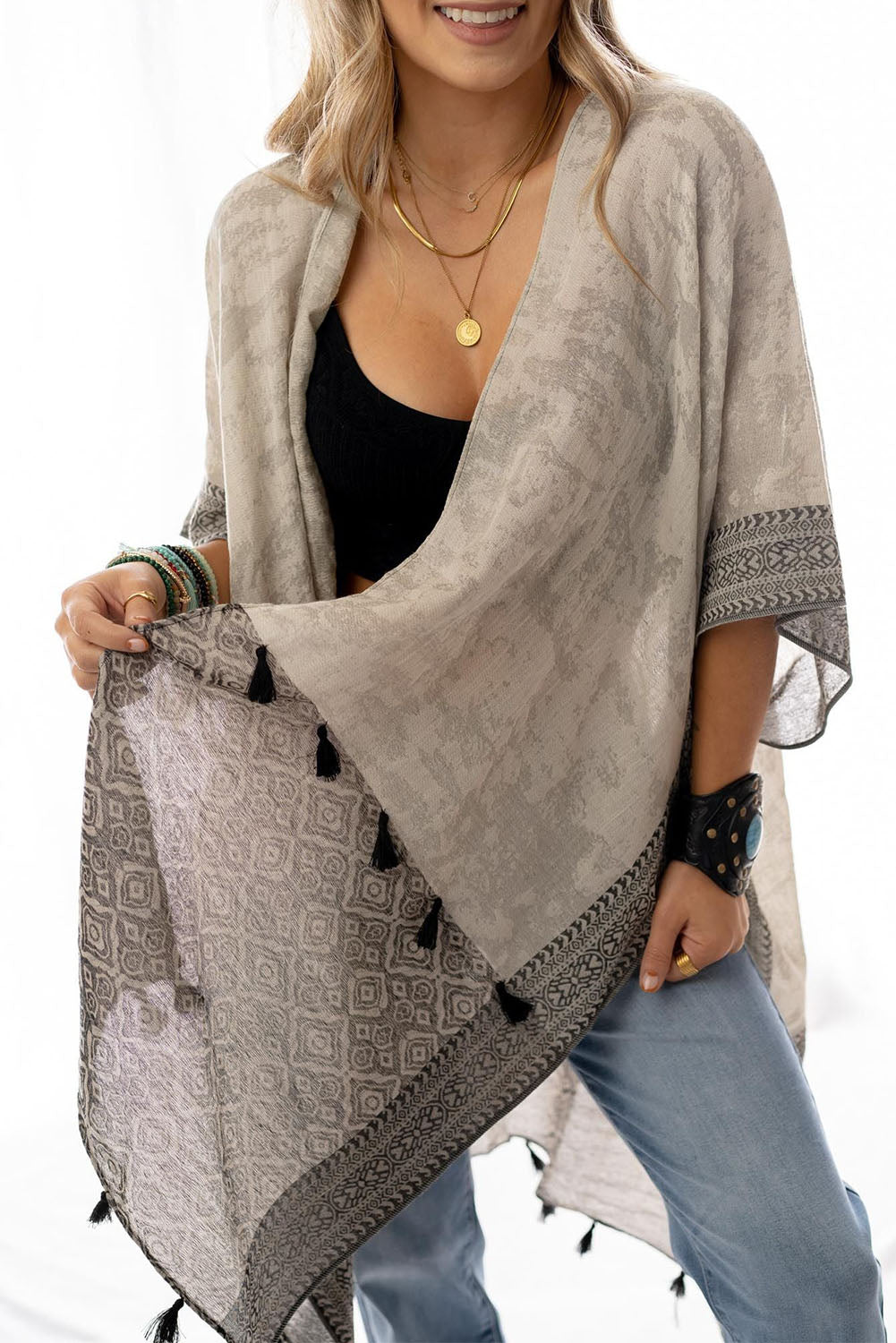 Khaki Printed Border Tassel Trim Slit Kimono