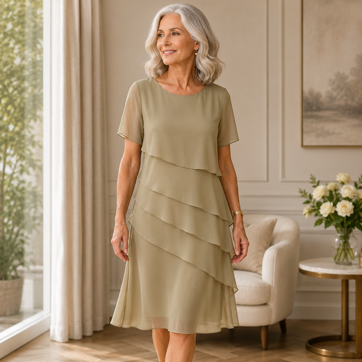 Round Neck Short Sleeve Tiered Chiffon Midi Dress 6