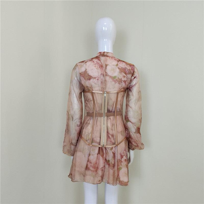 Floral High Neck Long Sleeve Corset Mini Dress