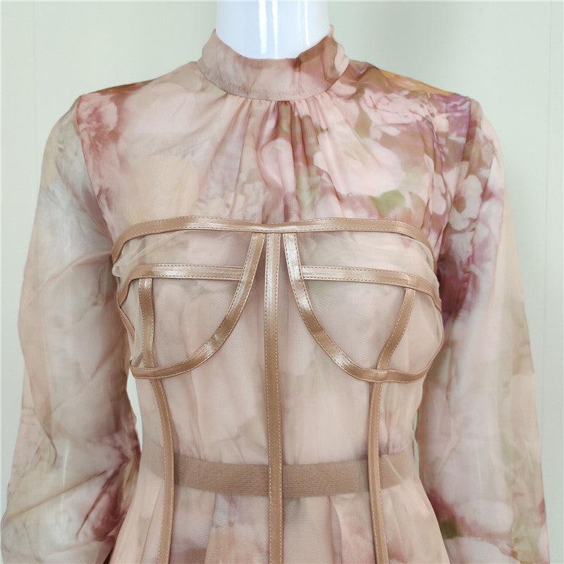 Floral High Neck Long Sleeve Corset Mini Dress