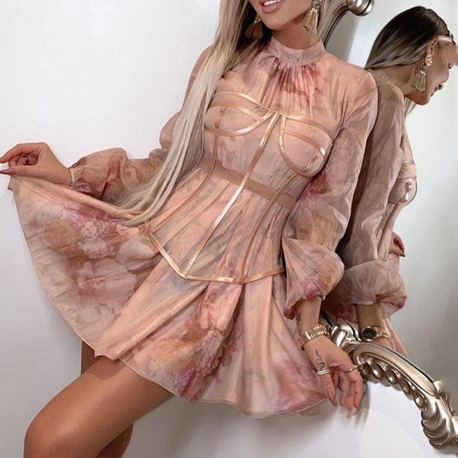 Floral High Neck Long Sleeve Corset Mini Dress