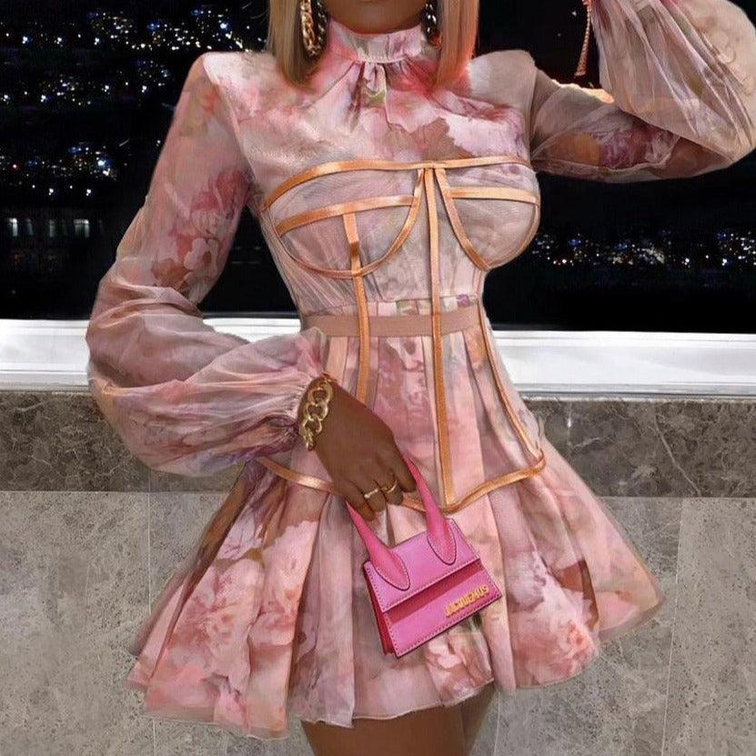 Floral High Neck Long Sleeve Corset Mini Dress
