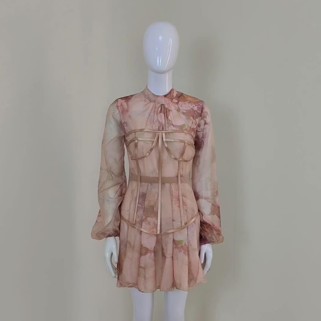 Floral High Neck Long Sleeve Corset Mini Dress