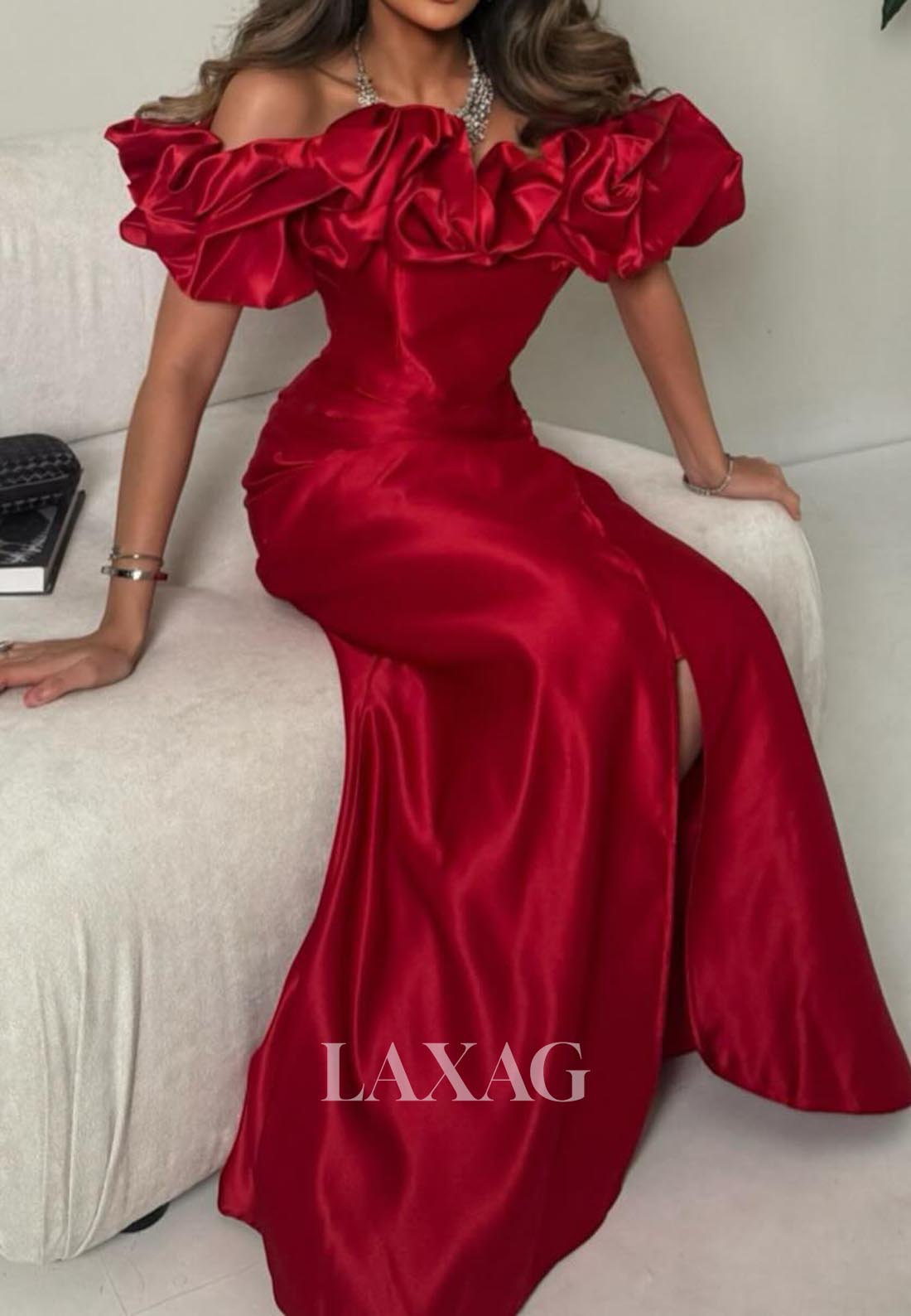 Floral Embellished Tube Top Off-Shoulder Sleeveless Floor-Length Mermaid Evening Dress with Slit