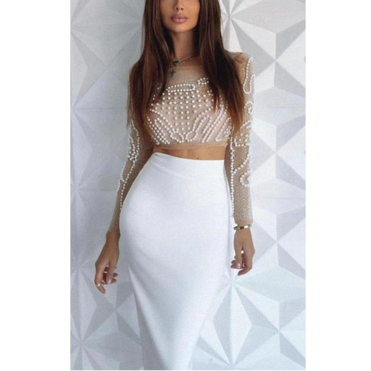 KittenAlarm - Kira Beaded Long Sleeve Crop Top & Skirt Set