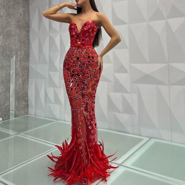 Kitt Strapless Feather Red Mirror Maxi Dress - Fashionpara