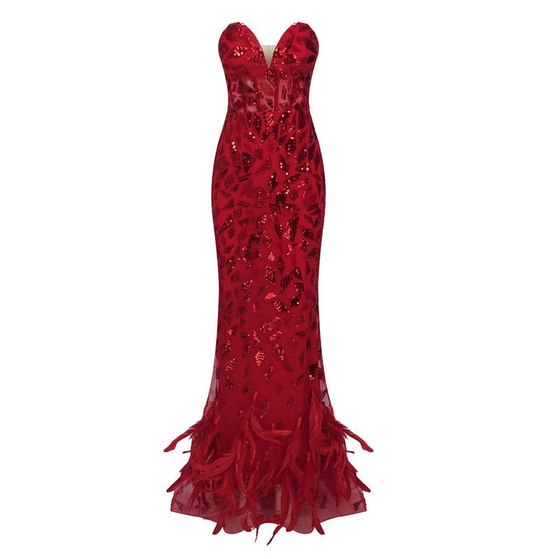 Kitt Strapless Feather Red Mirror Maxi Dress - Fashionpara