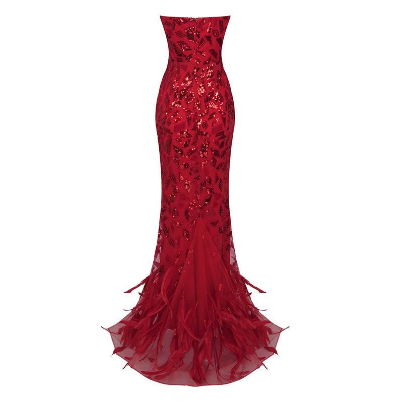 Kitt Strapless Feather Red Mirror Maxi Dress - Fashionpara