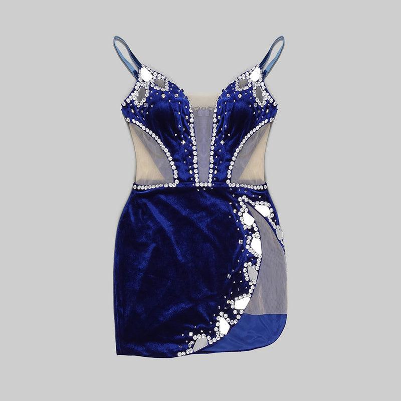 Kitty Strappy Velvet Sweetheart Crystal Trim Mesh Mini Dress - View 8