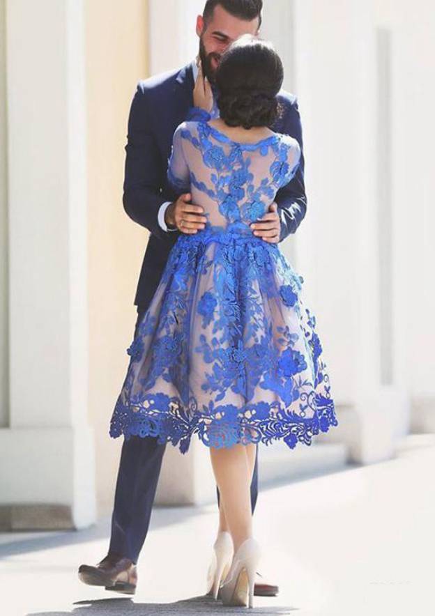 Knee-Length Lace Homecoming Dress with Elegant A-line/Princess Bateau Full/Long Sleeves - Fashionpara