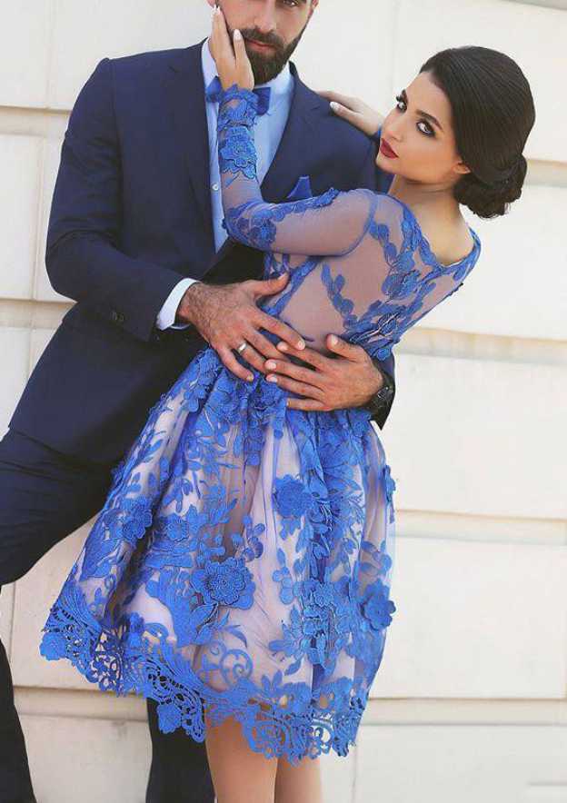 Knee-Length Lace Homecoming Dress with Elegant A-line/Princess Bateau Full/Long Sleeves - Fashionpara