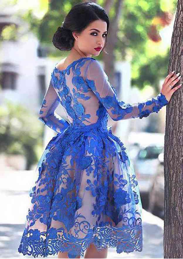 Knee-Length Lace Homecoming Dress with Elegant A-line/Princess Bateau Full/Long Sleeves - Fashionpara