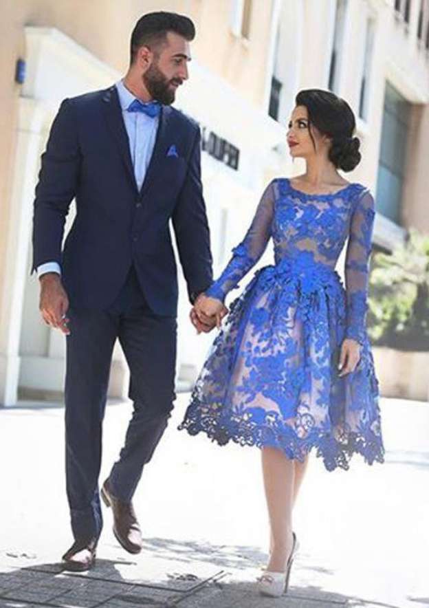 Knee-Length Lace Homecoming Dress with Elegant A-line/Princess Bateau Full/Long Sleeves - Fashionpara