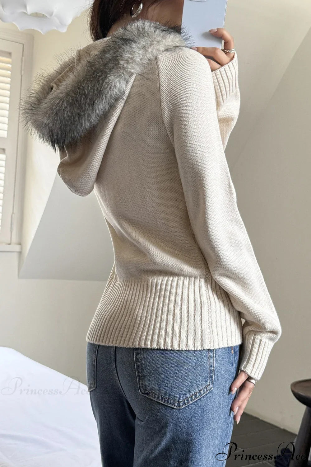 Knitted Fleece Collar Waist-Cinched Zip Hoodie