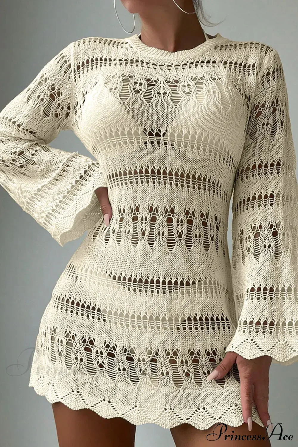 Knitted Hollow Out Sexy Backless Beach Mini Boho Dress Cover-up Apricot / S bohodress-250126