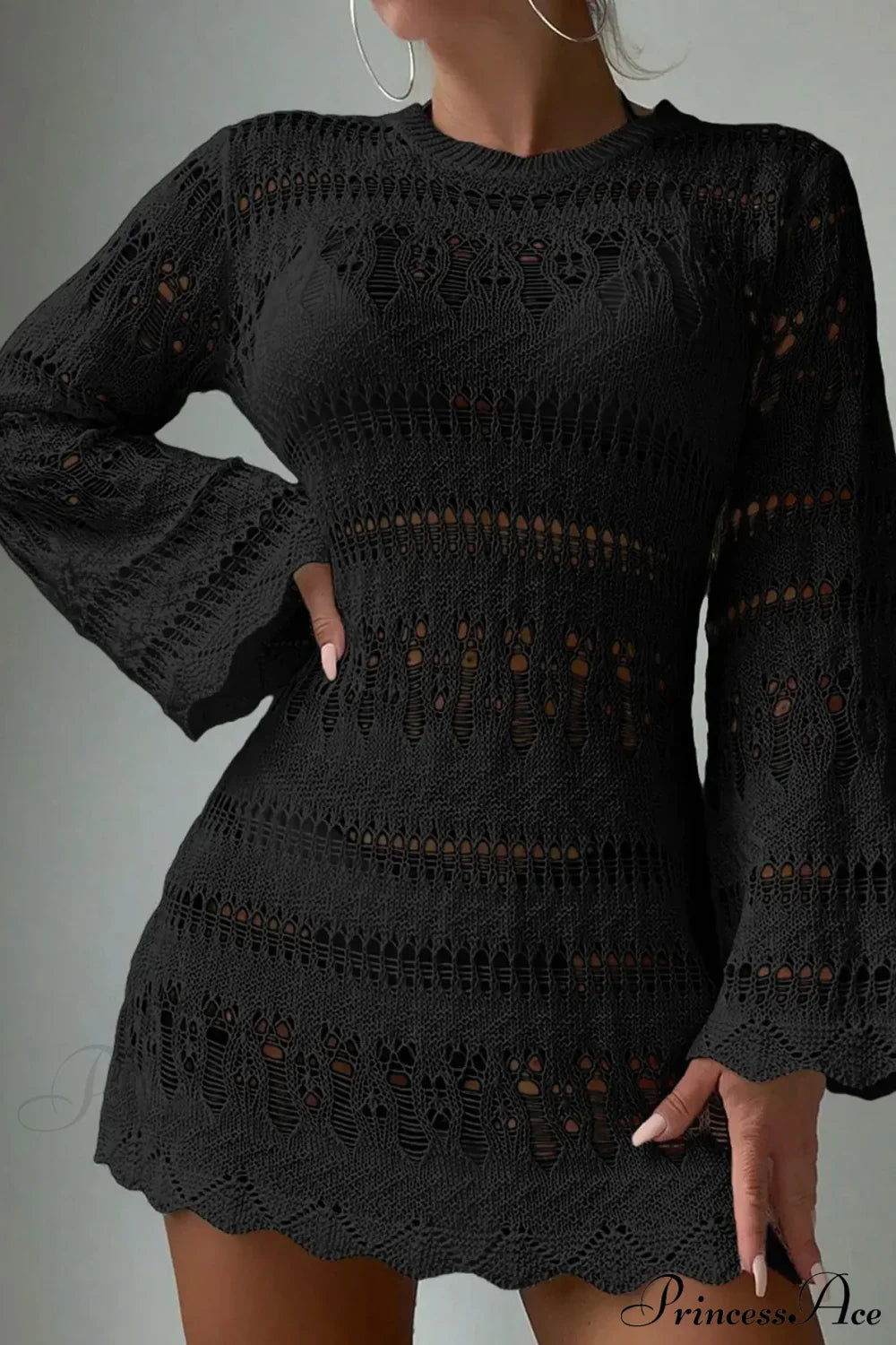 Knitted Hollow Out Sexy Backless Beach Mini Boho Dress Cover-up Black / S bohodress-250126