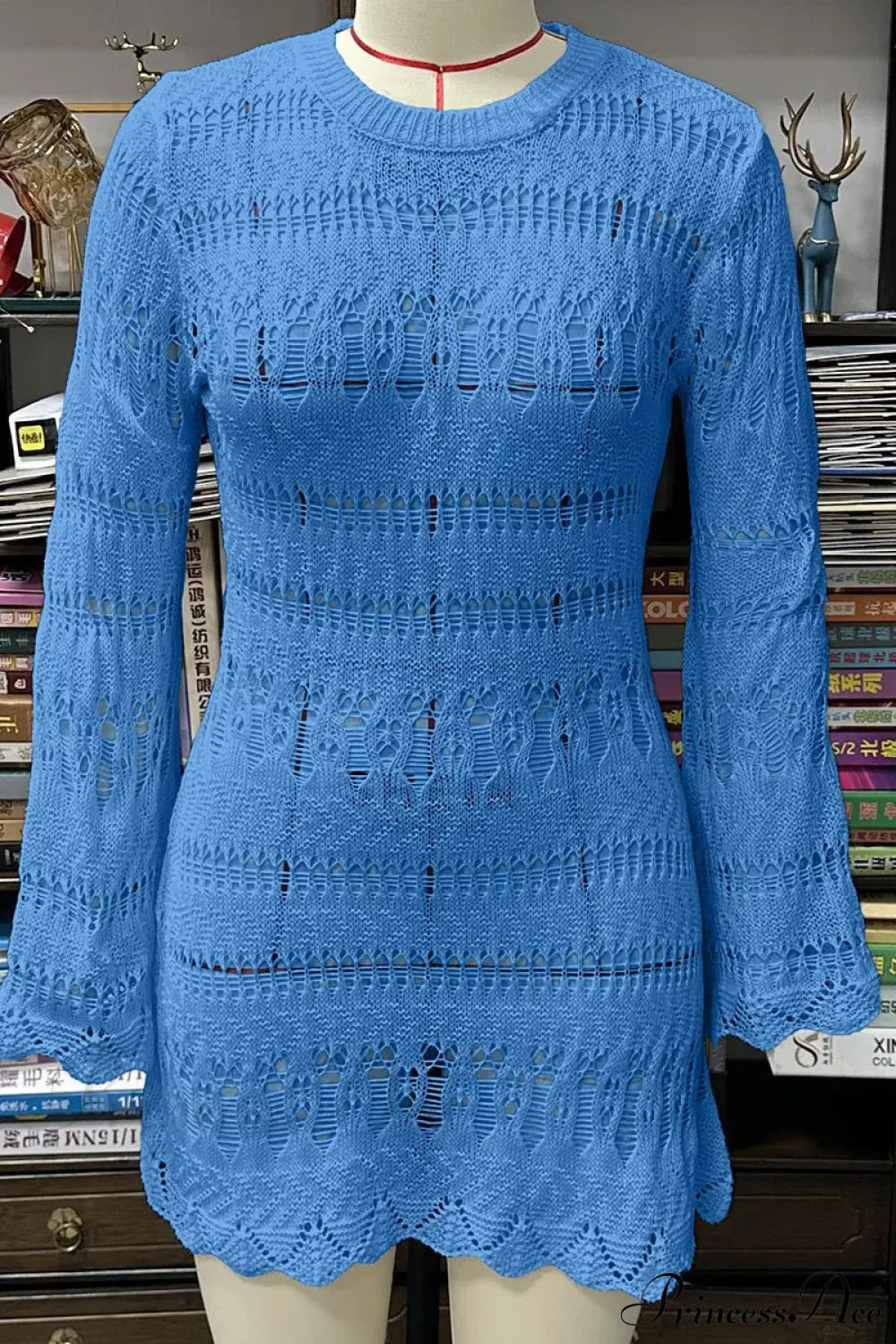 Knitted Hollow Out Sexy Backless Beach Mini Boho Dress Cover-up Blue / S bohodress-250126