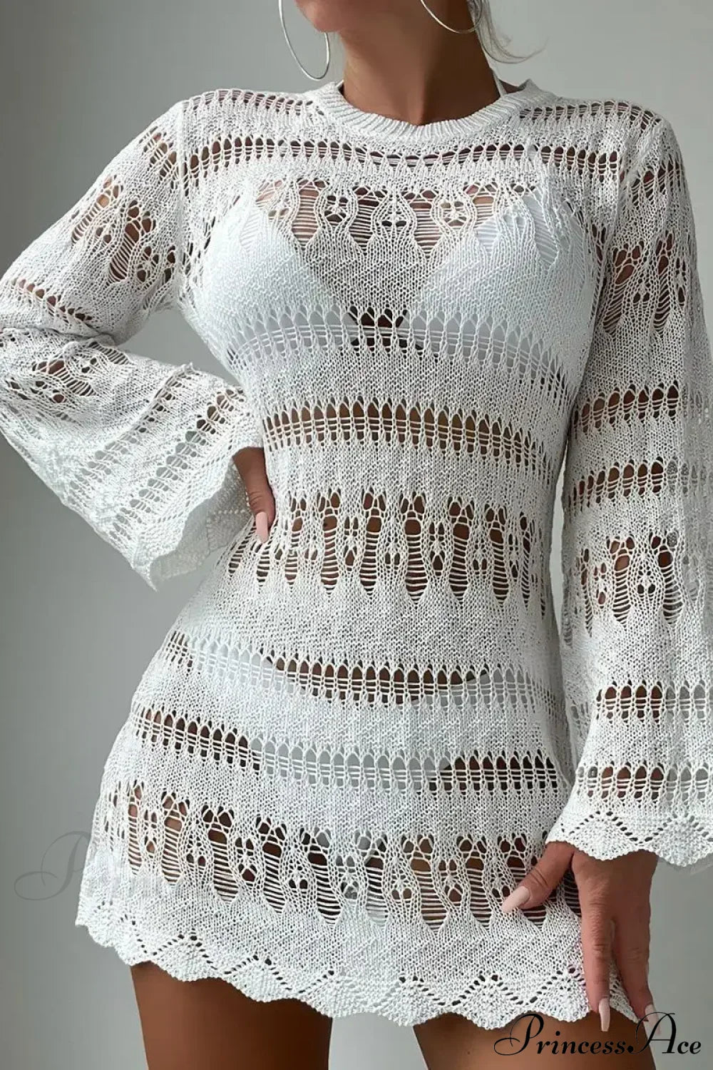 Knitted Hollow Out Sexy Backless Beach Mini Boho Dress Cover-up