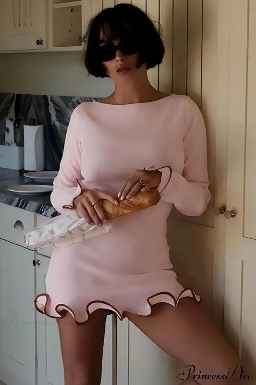 Knitted Ruffled Tight Long Sleeve Mini Dress Pink / XS