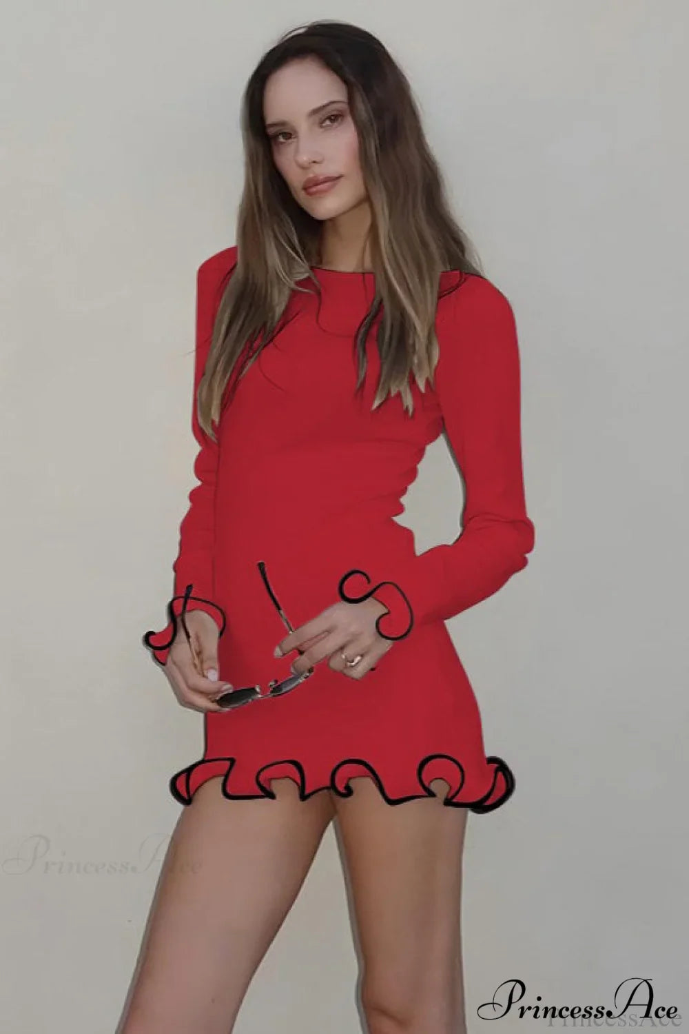 Knitted Ruffled Tight Long Sleeve Mini Dress Red / XS