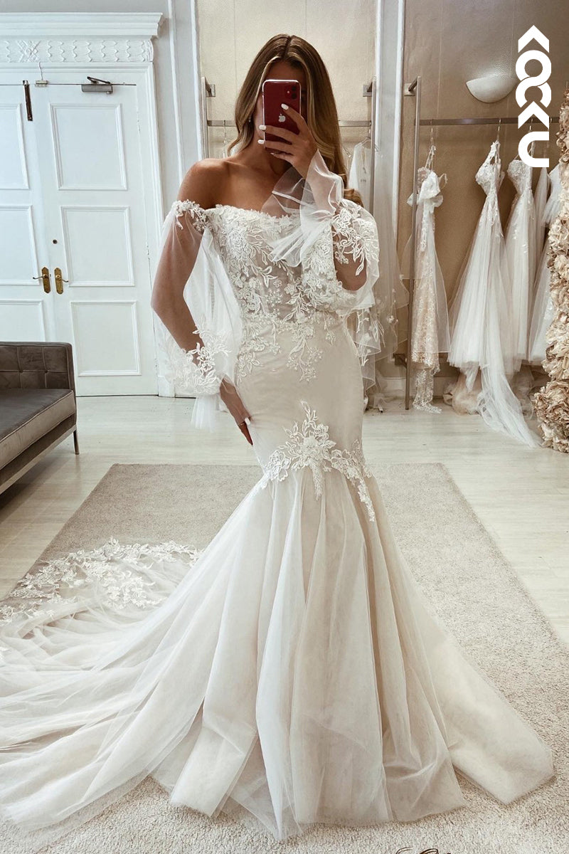 K1989 - Gorgeous & Charming Off-Shoulder Long Sleeves Mermaid Applique Wedding Dress - Fashionpara