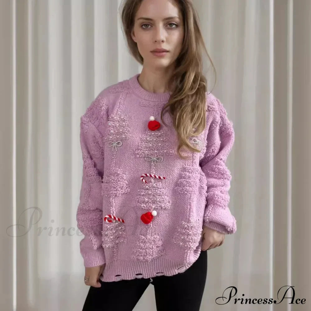 Korean Style O Neck Casual Loose Jumper Chic Bow Christmas Christmas Sweater