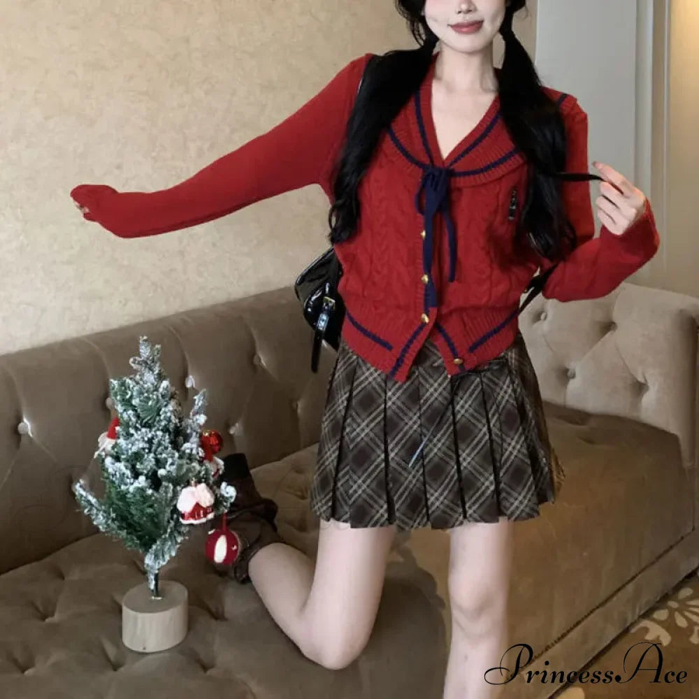 Korean Stylish Drawstring Bow Vintage Red Cardigan Christmas Sweater